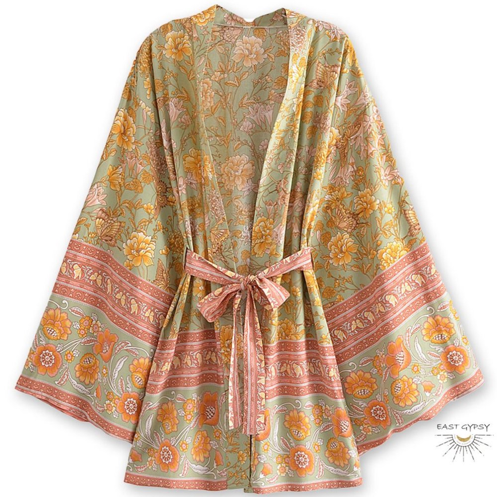 Whimsical Green Butterfly Floral Blossom Boho Kimono Robe - Picture 2 of 8